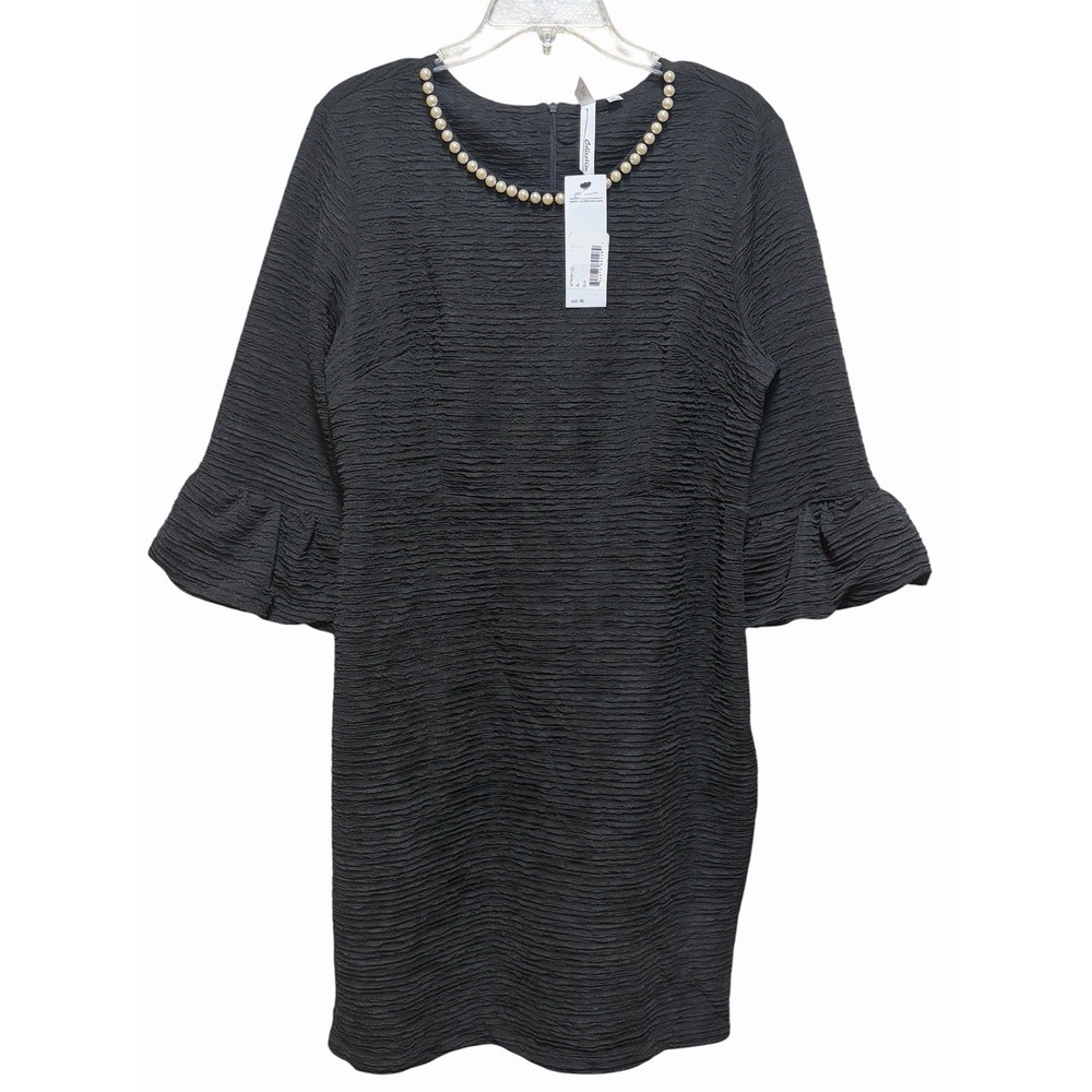 NY Collection Black Knit Shift Dress Pearl Neck Ruffle 3/4 Sleeve XL
